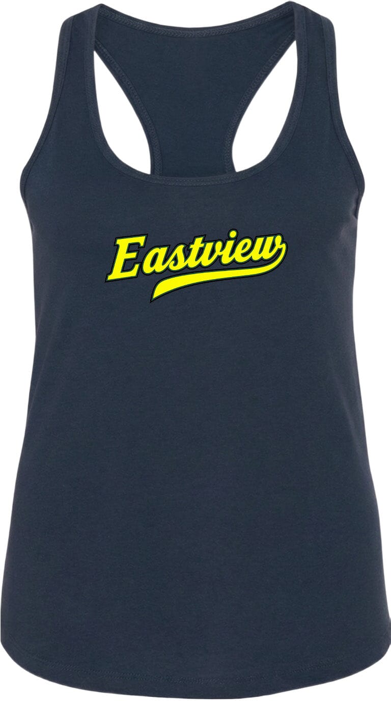 A navy blue tank top with the word "Eastview" printed in yellow on the front.