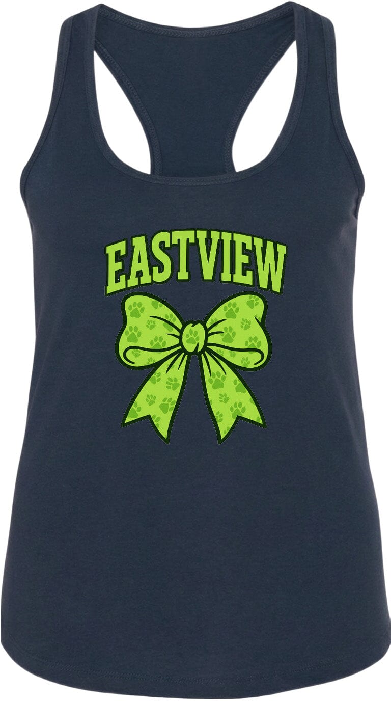 A navy blue tank top with a green bow and paw prints printed on it.