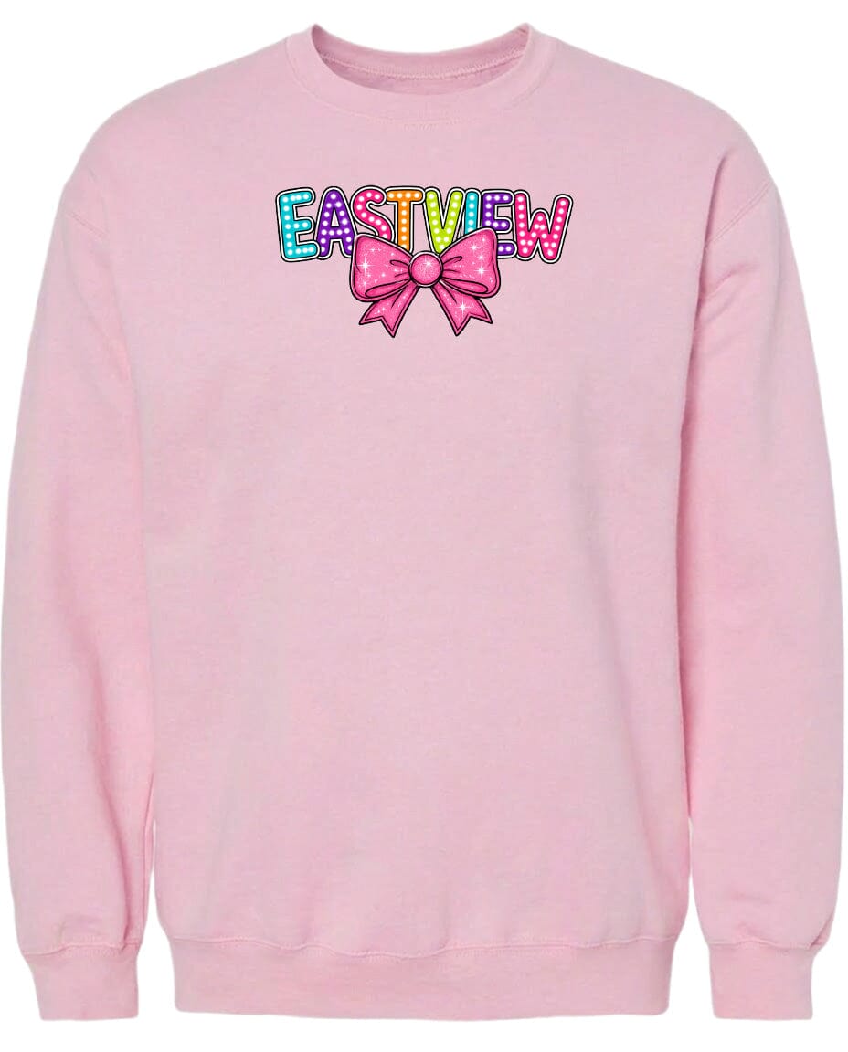 A pink sweatshirt with the word "EASTVIEW" and a bow graphic printed on it.