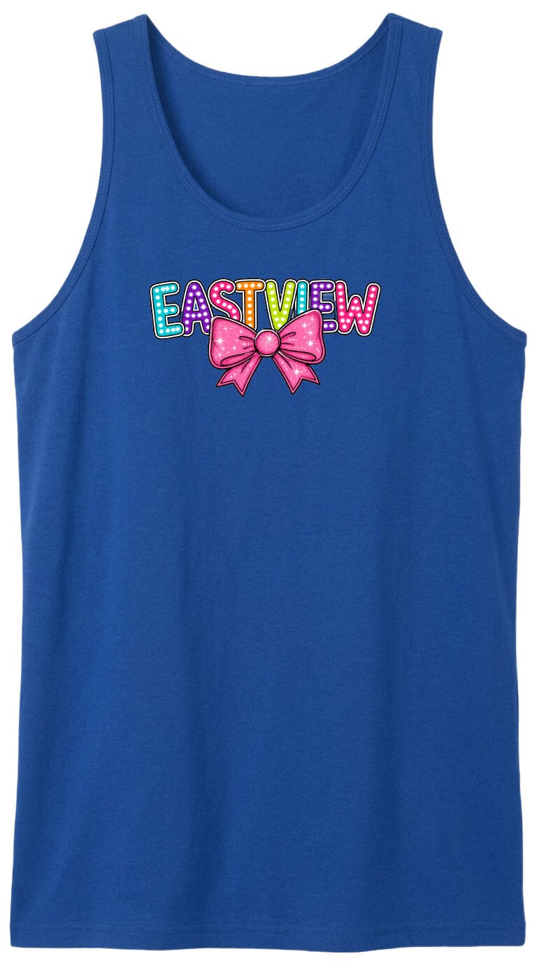 A blue tank top with the word "EASTVIEW" printed on it, along with a colorful bow.