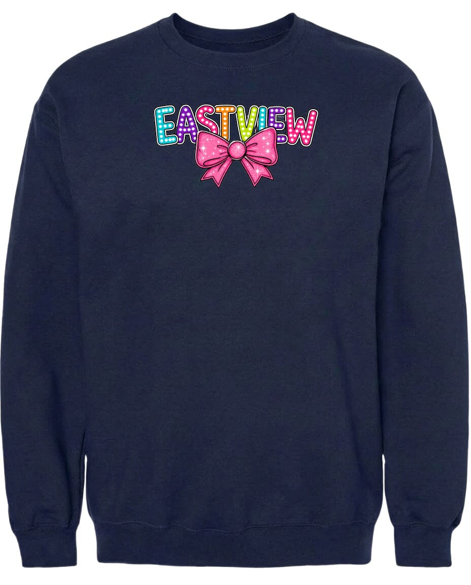 A navy blue sweatshirt with a colorful bow and the word "EASTVIEW" printed on it.