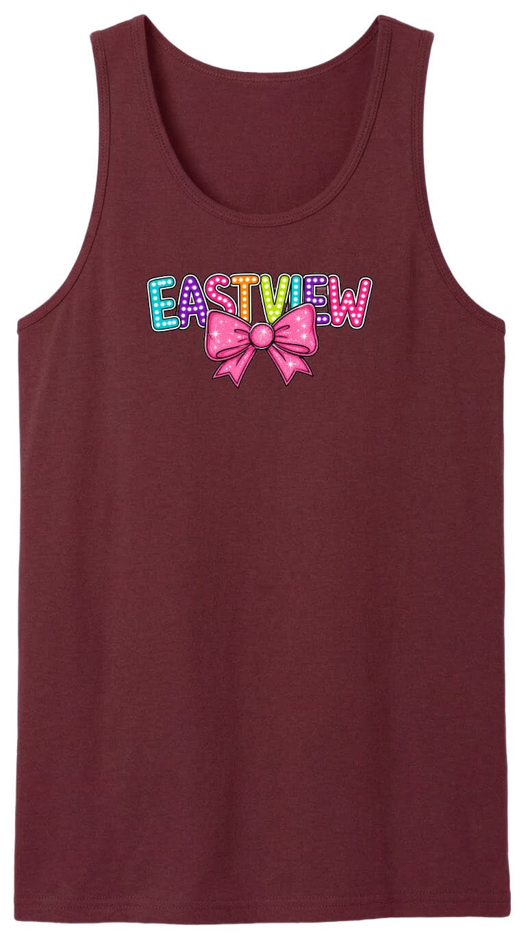A burgundy tank top with the word "EASTVIEW" printed on it in a colorful, stylized font.