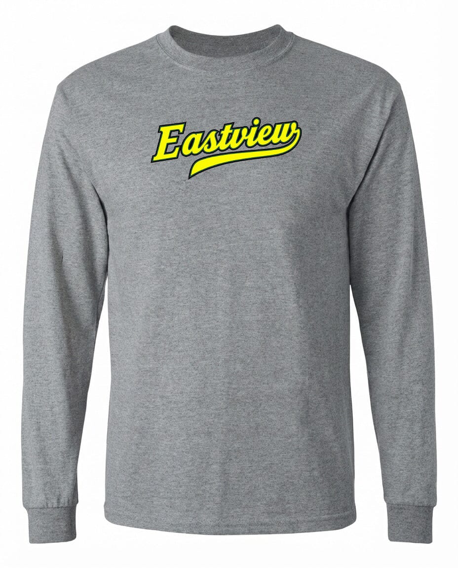 A gray long-sleeved t-shirt with the word "Eastview" printed in yellow on the front.