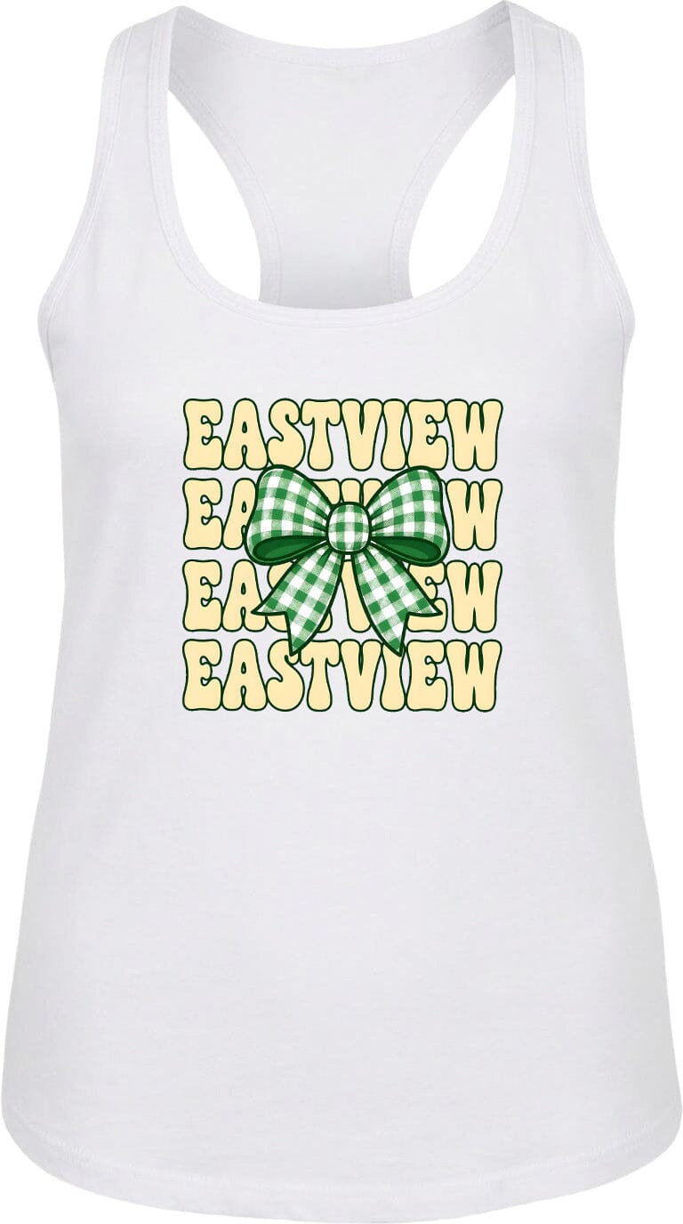 A white tank top with a green and white bow design and the text "EASTVIEW" repeated in a vertical pattern.