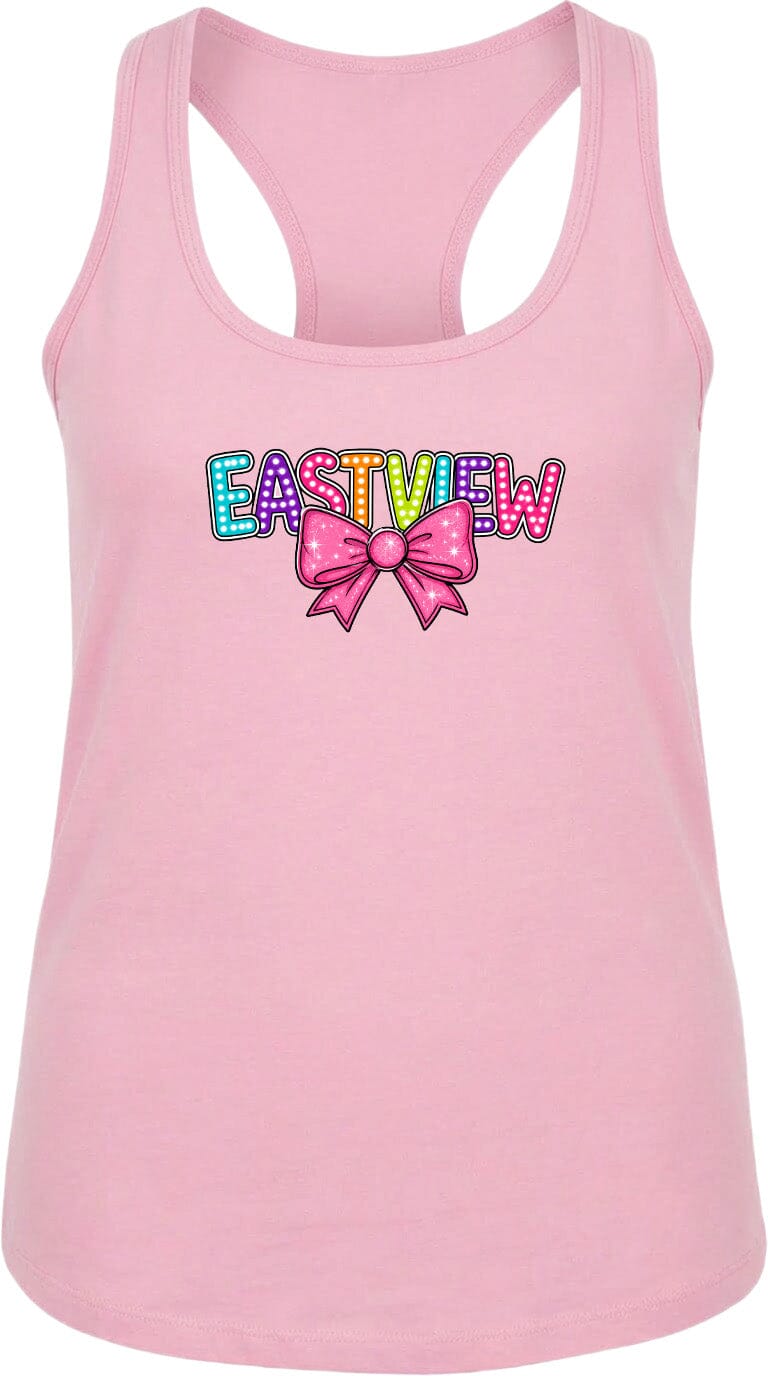 A pink tank top with the word "EASTVIEW" printed on it, along with a bow graphic.