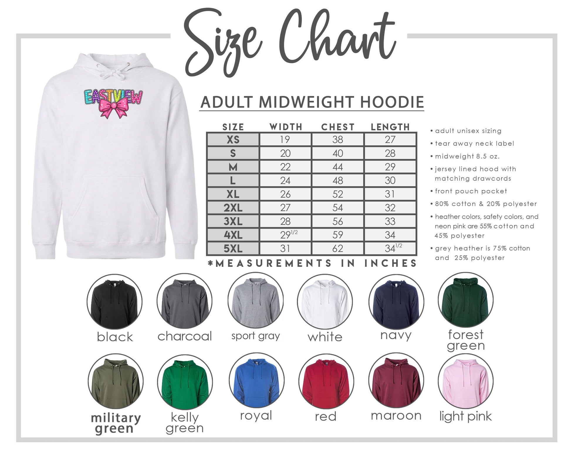 The image is a size chart for an adult midweight hoodie, including various color options and corresponding measurements in inches.