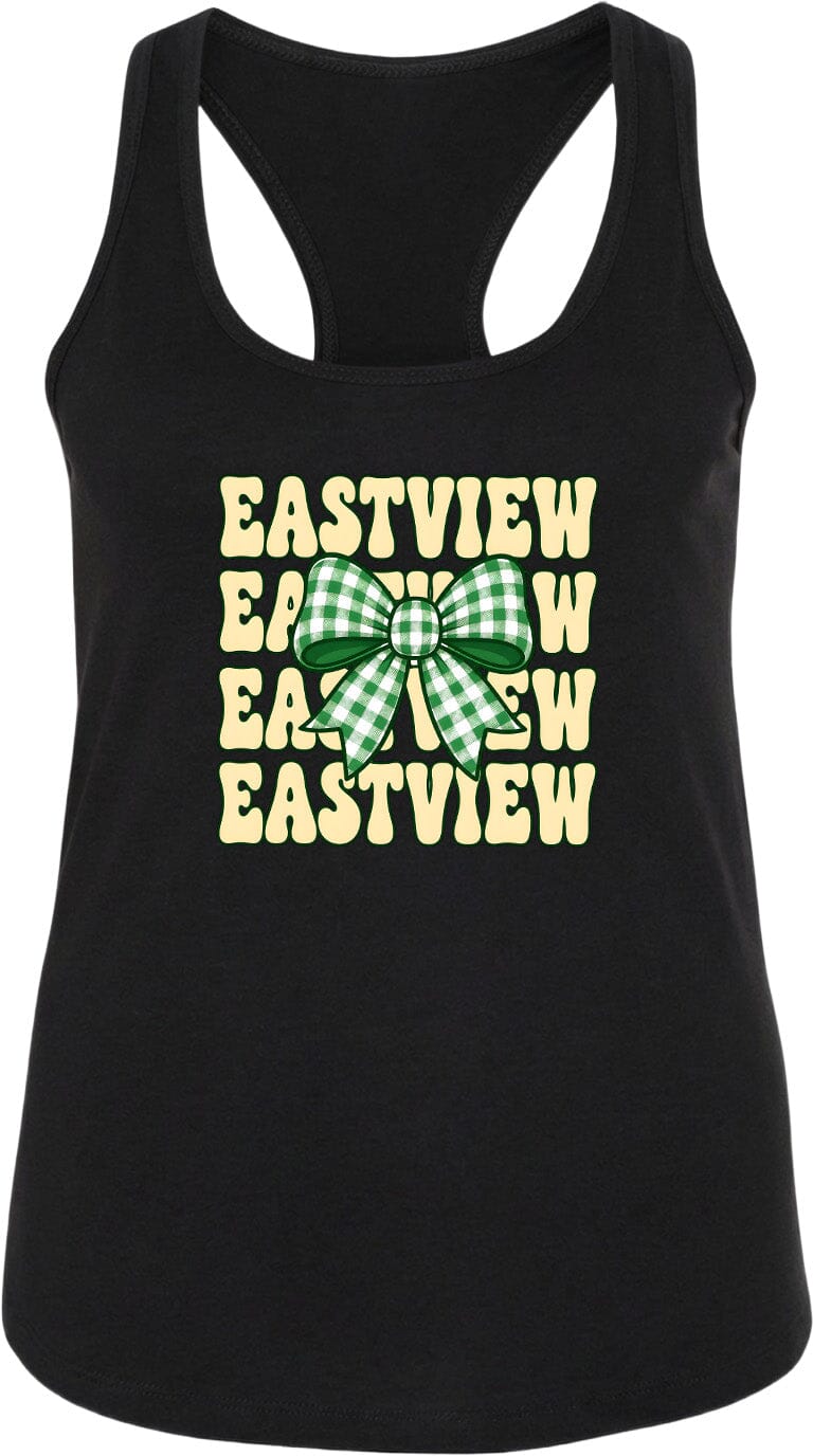 A black tank top with a graphic design featuring a green and white checkered bow and the text "EASTVIEW EASTVIEW EASTVIEW" repeated across it.