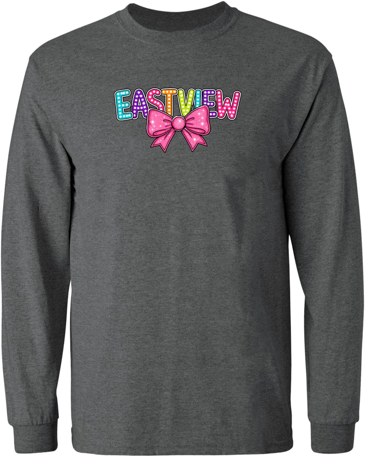 A gray long-sleeved shirt with a colorful bow and the word "EASTVIEW" printed on it.
