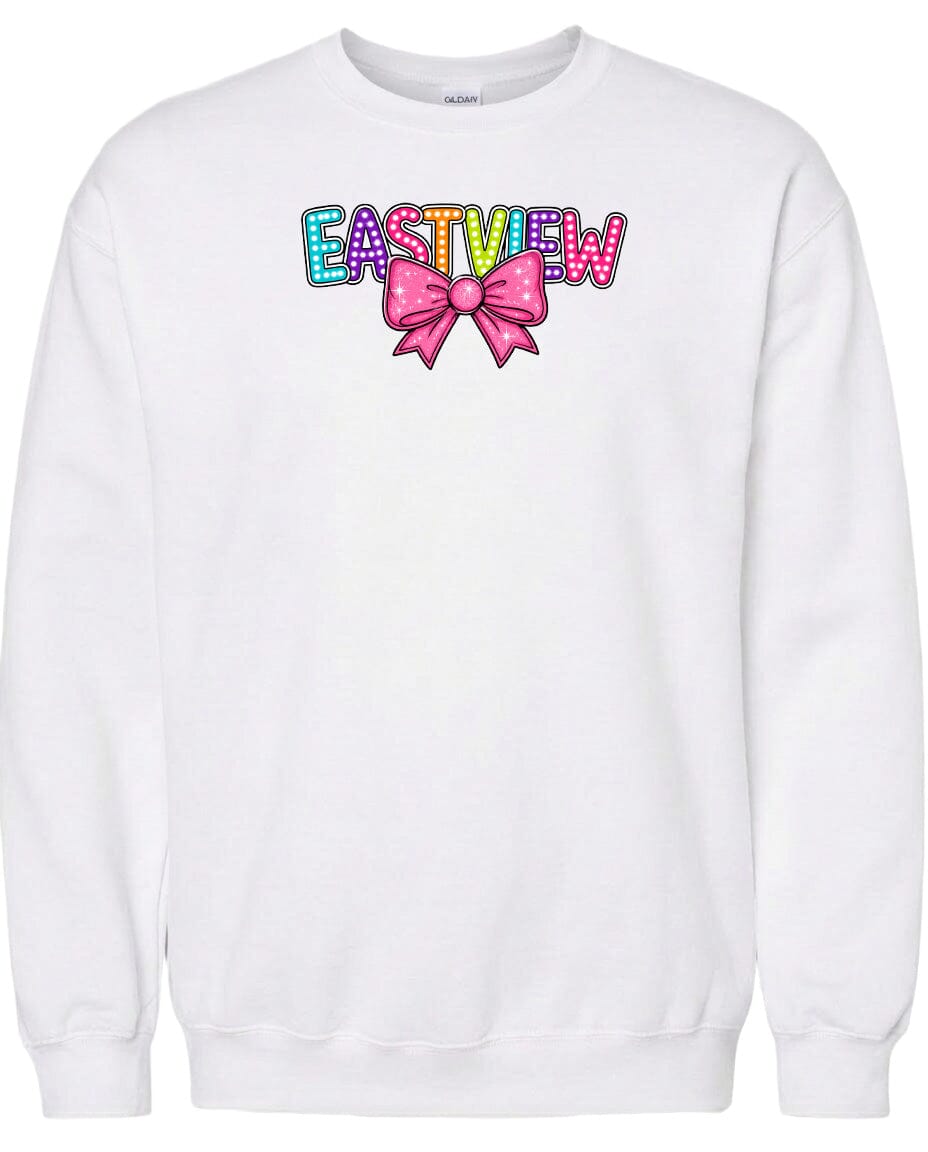 A white sweatshirt with a colorful bow and the word "EASTVIEW" printed on it.
