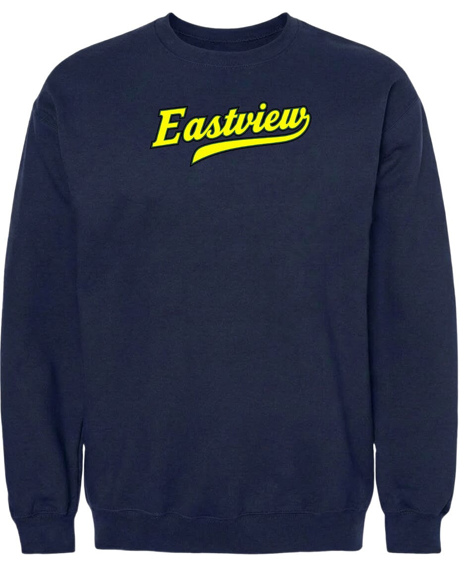 A navy blue sweatshirt with the word "Eastview" printed in yellow on the front.