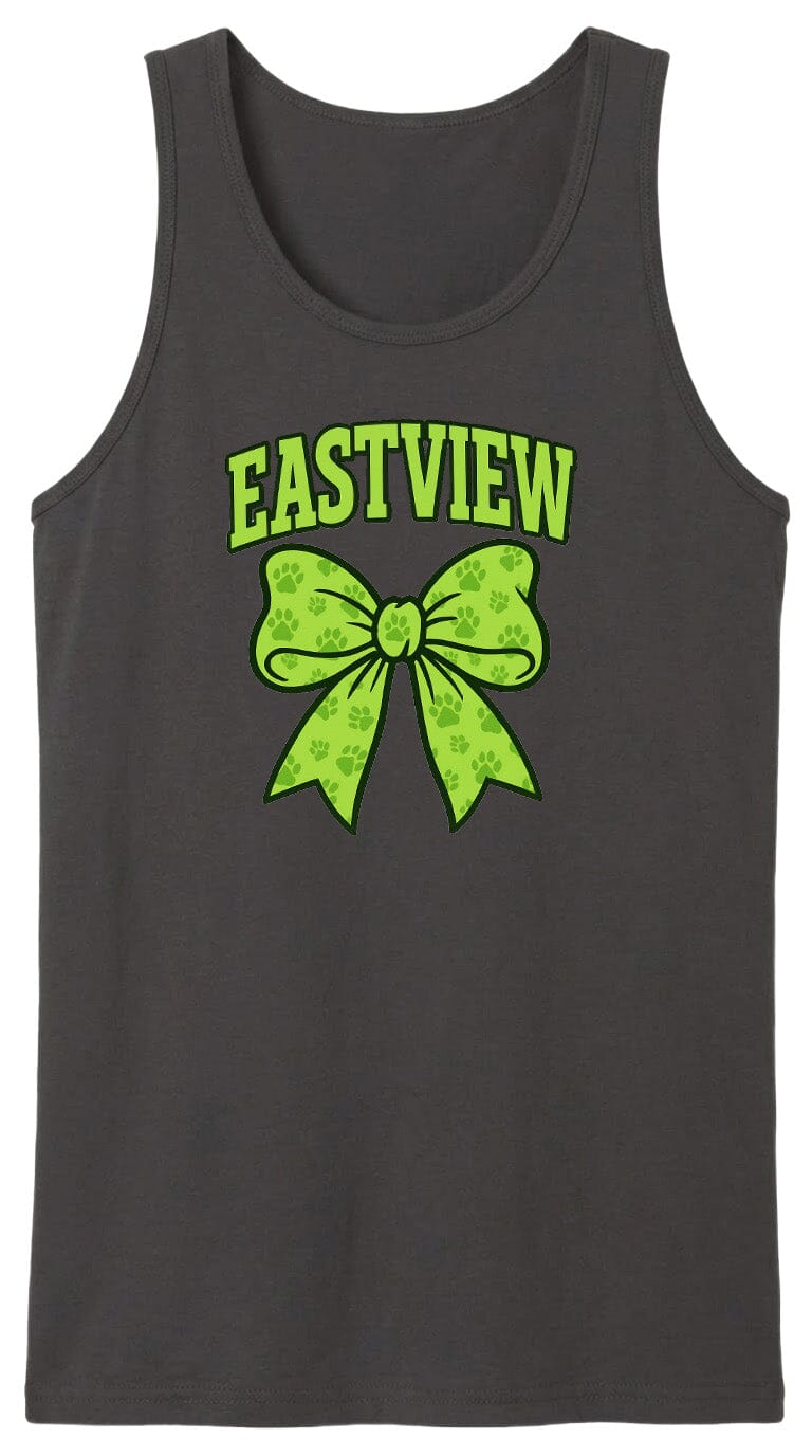 A gray tank top with a green bow and paw prints printed on it.