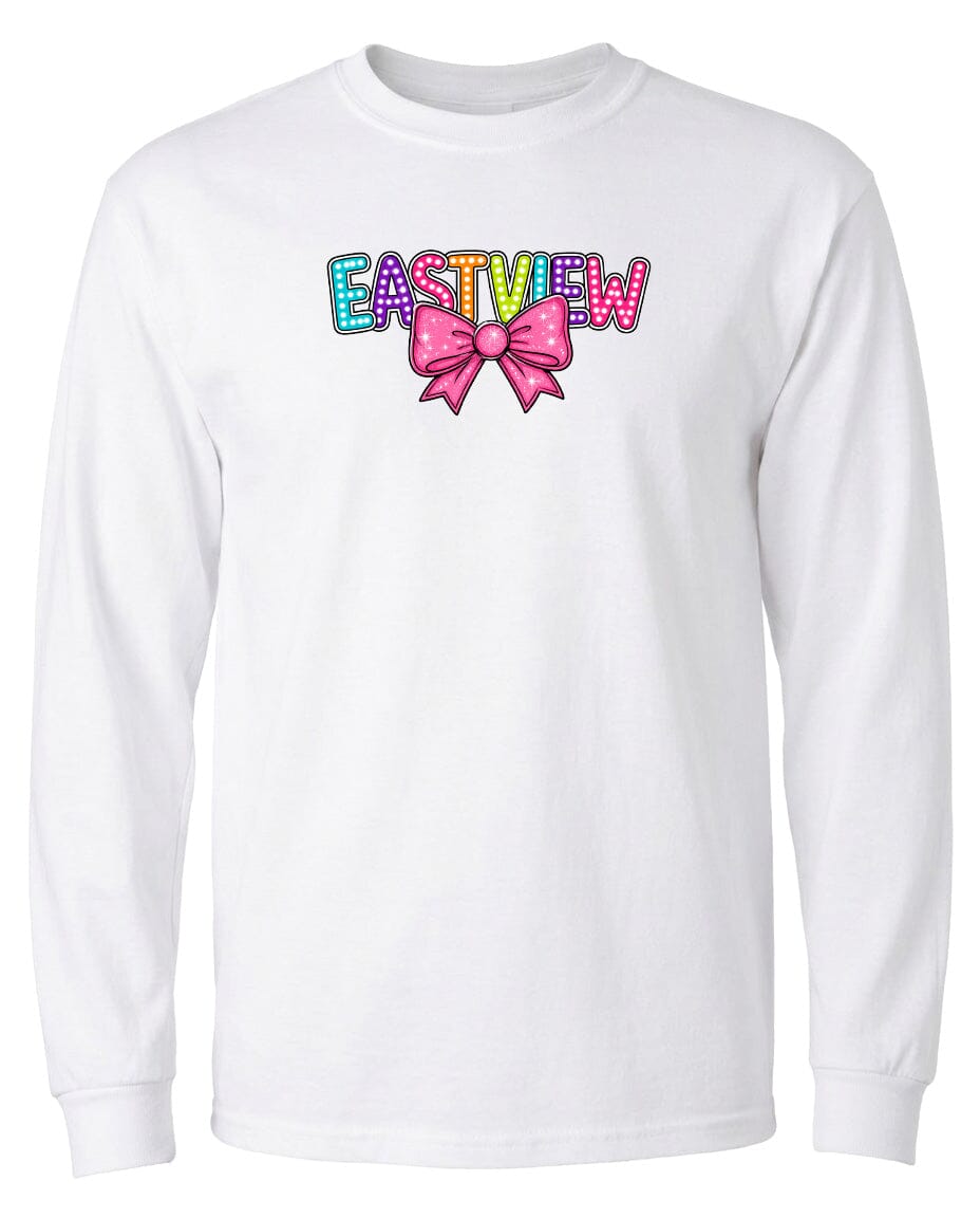 A white long-sleeved t-shirt with a colorful bow and the word "EASTVIEW" printed on it.