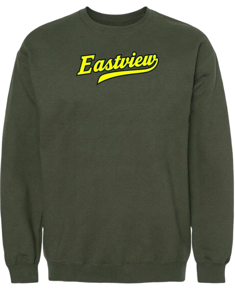 A dark green sweatshirt with a yellow text logo on the front.