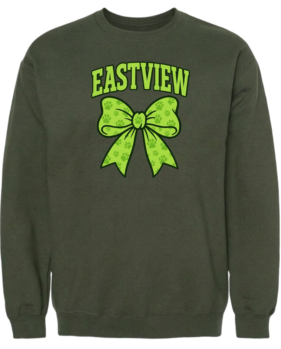 A dark green sweatshirt with a large green bow and paw prints on it.
