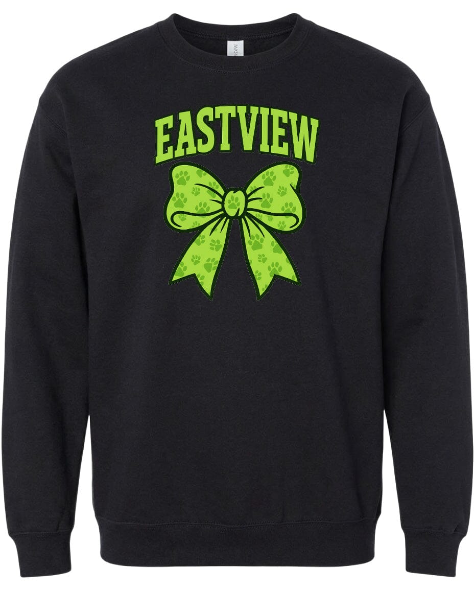 A black sweatshirt with a green bow and paw prints printed on it.