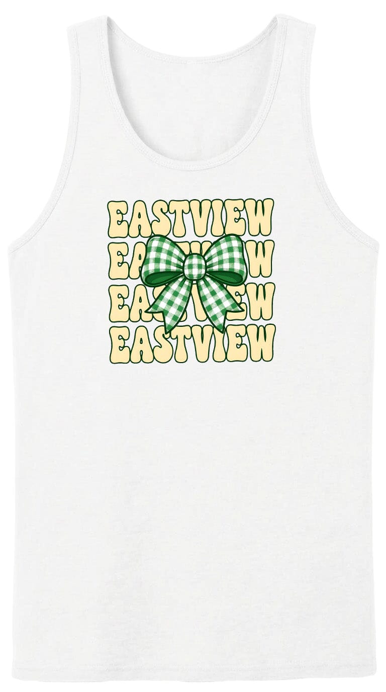 A white tank top with a green and white checkered bow and the text "EASTVIEW" repeated in a vertical pattern.