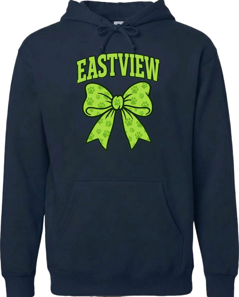 A navy blue hoodie with a green bow and paw prints printed on it.
