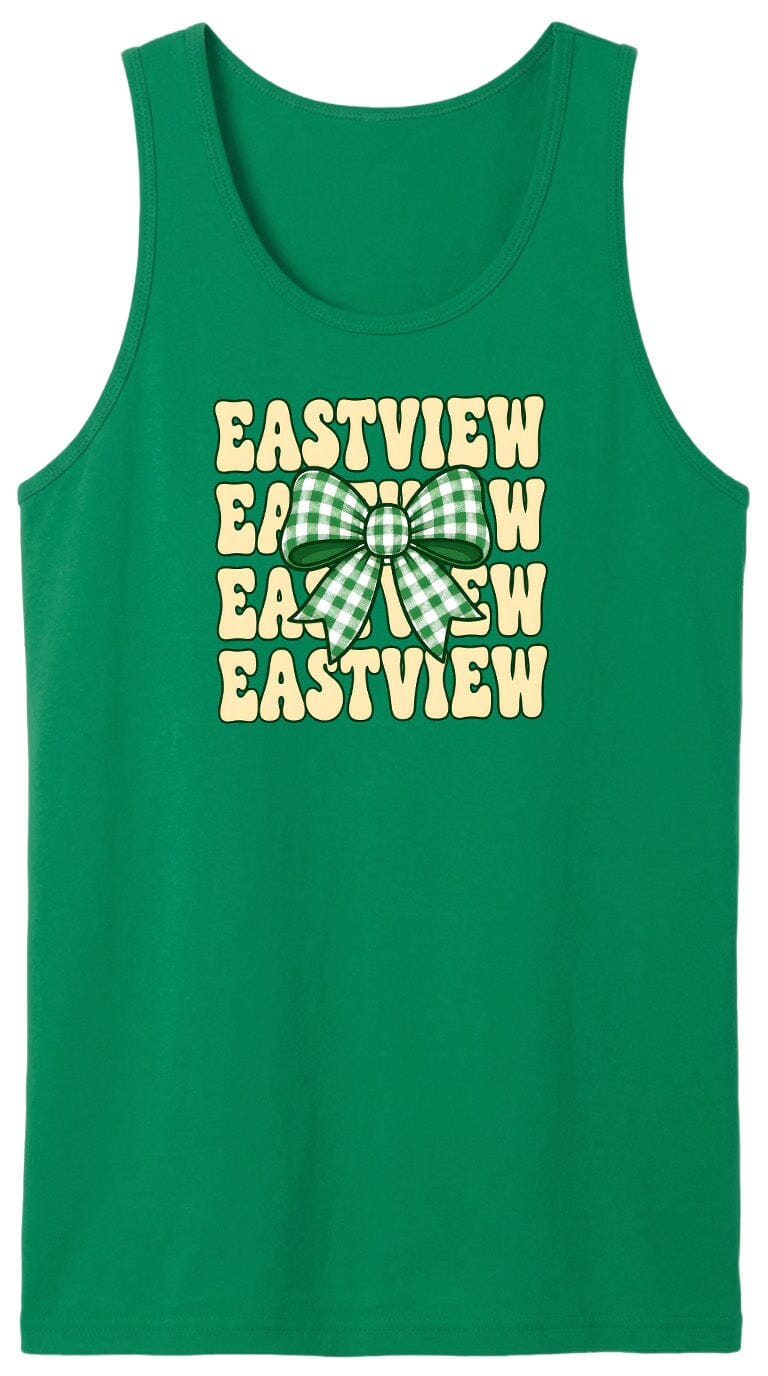 A green tank top with the text "EASTVIEW" repeated in a vertical orientation, with a green and white checkered bow in the center.