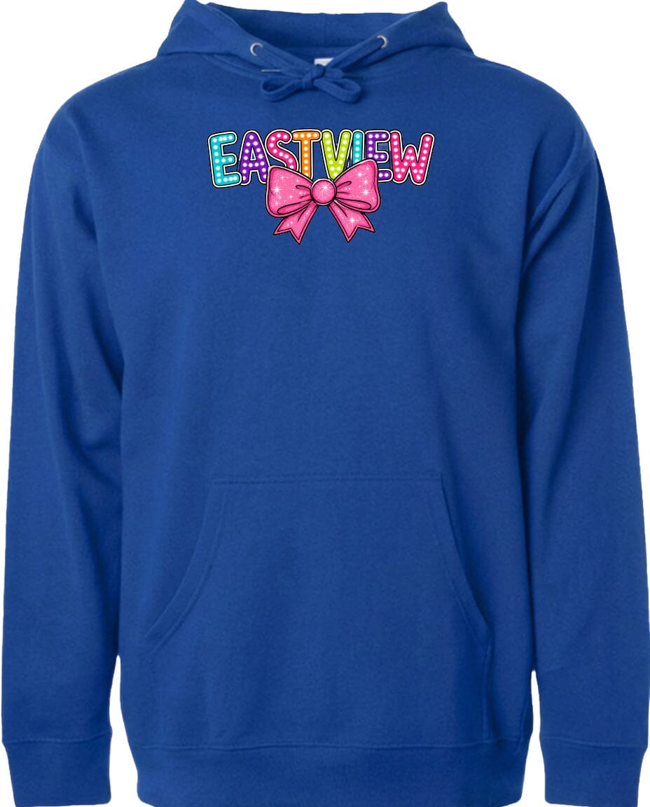 A blue hoodie with the word 'EASTVIEW' printed on it, along with a bow graphic.