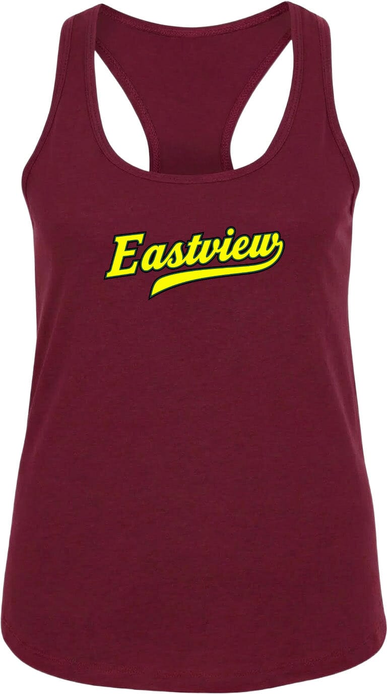 A burgundy-colored tank top with the word "Eastview" printed in yellow on the front.