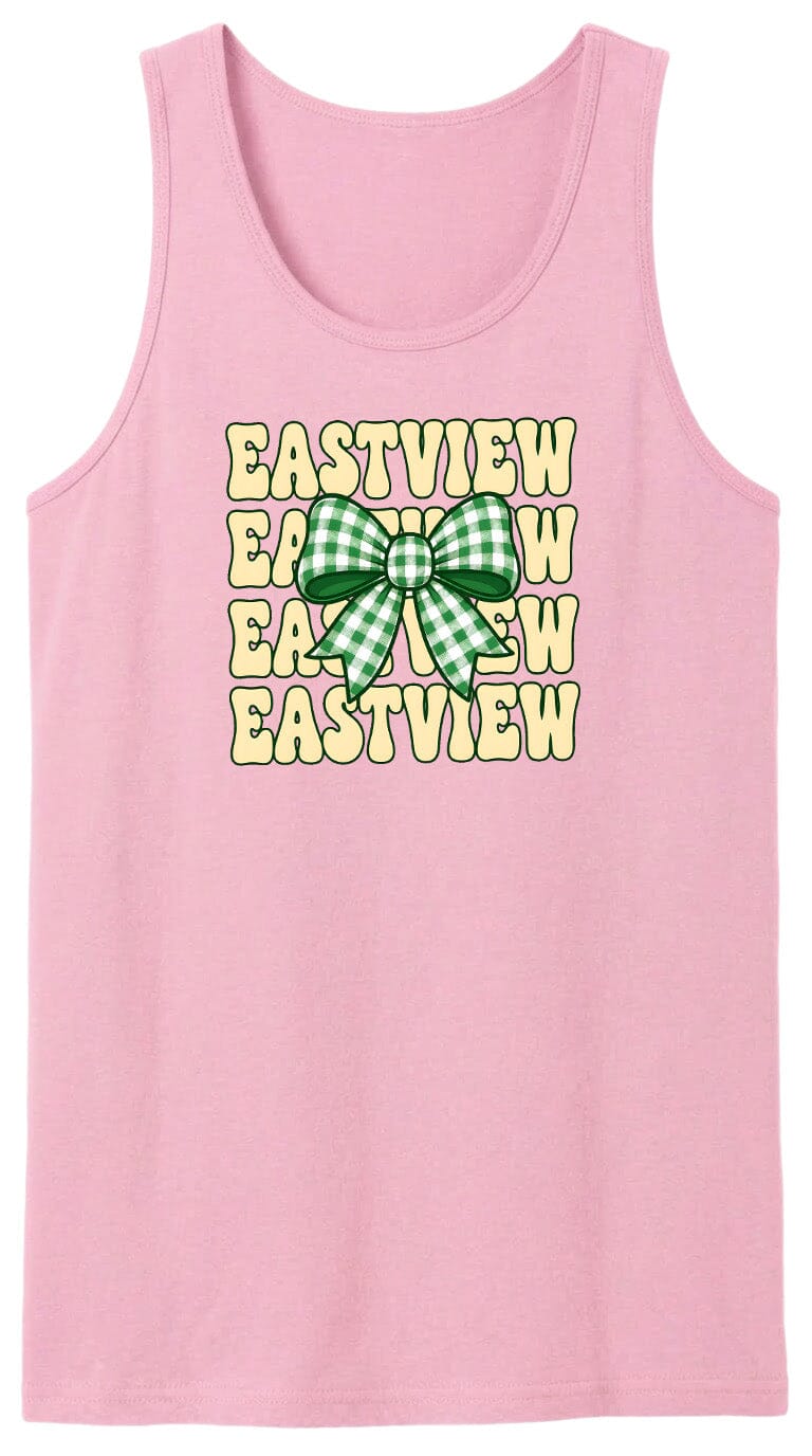 A pink tank top with a green and white checkered bow and the text "EASTVIEW" repeated in a vertical pattern.