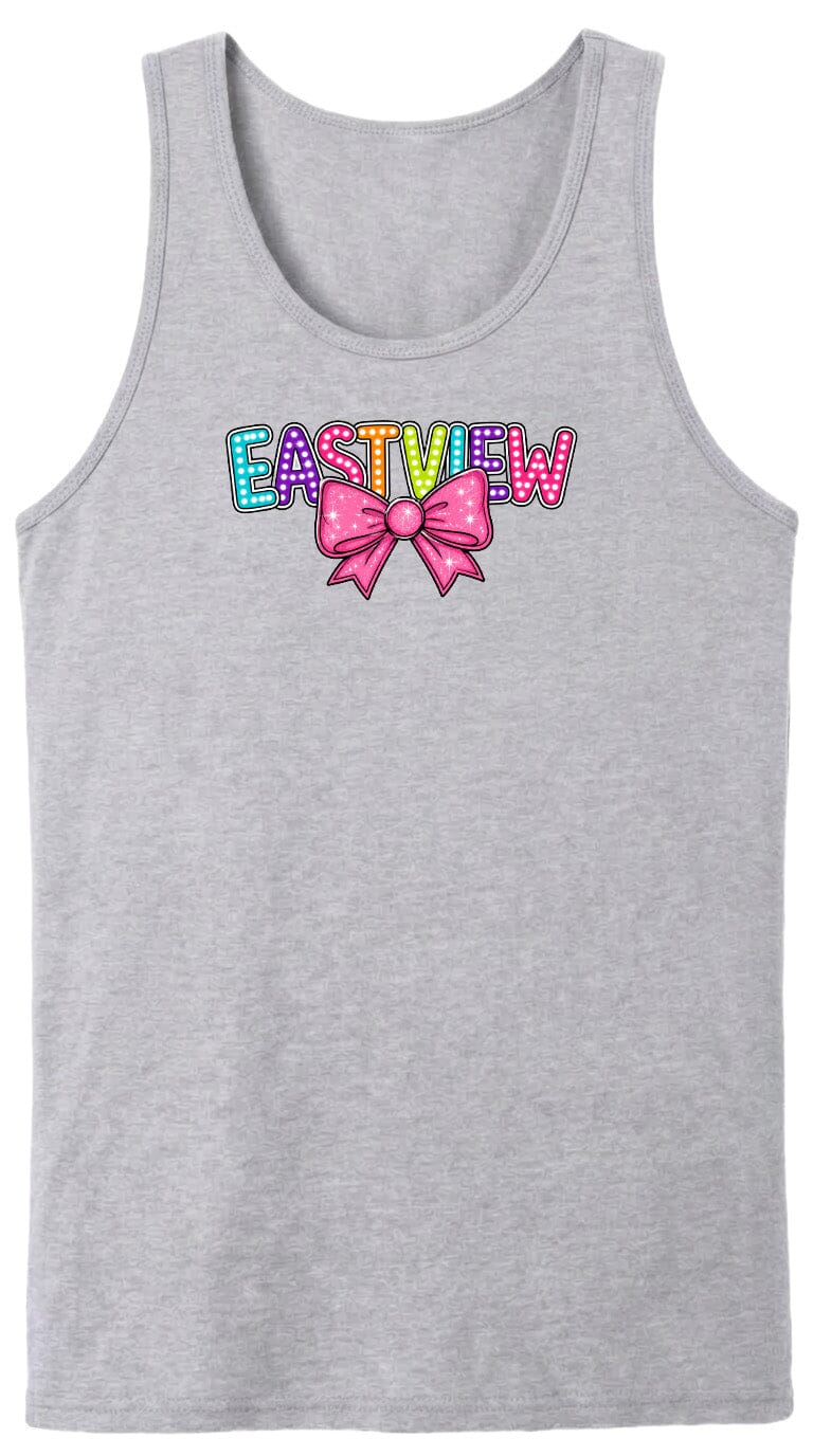 A gray tank top with a colorful bow and the word "EASTVIEW" printed on it.