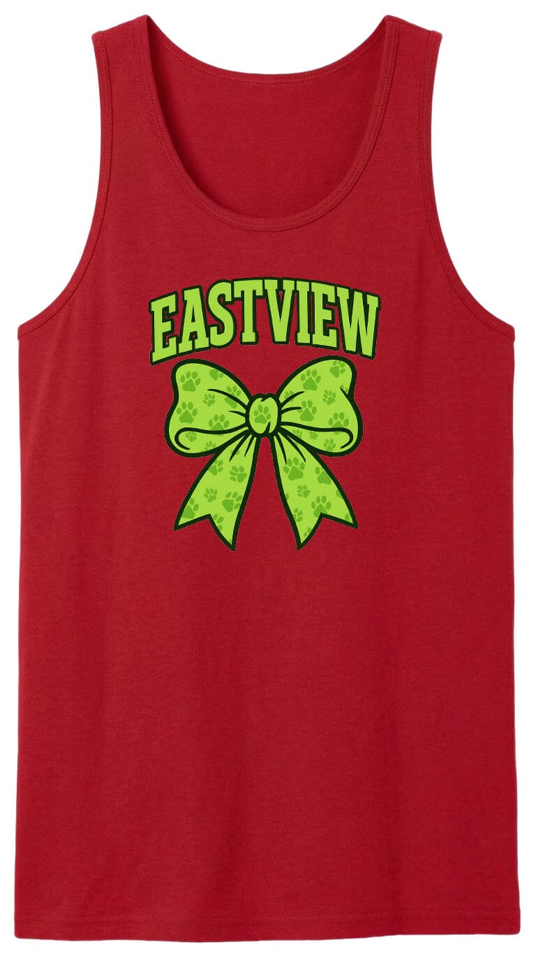 A red tank top with a green bow and the word "EASTVIEW" printed on it.