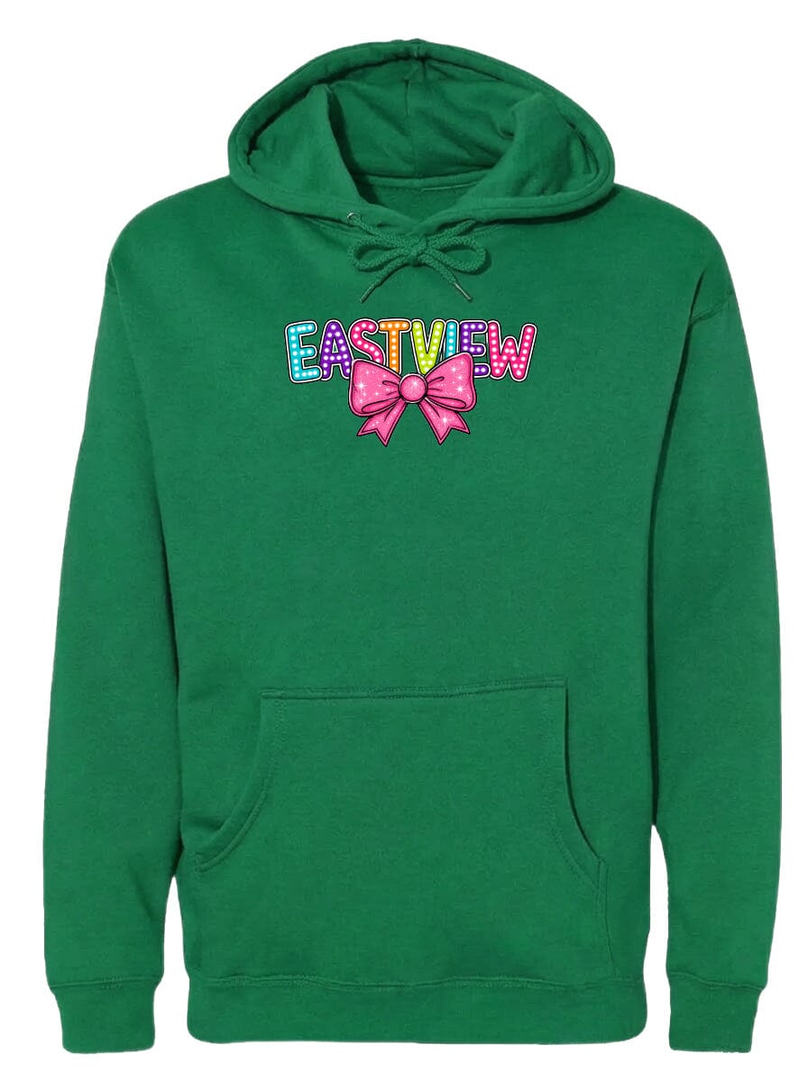 A green hoodie with the word "EASTVIEW" and a bow printed on it.