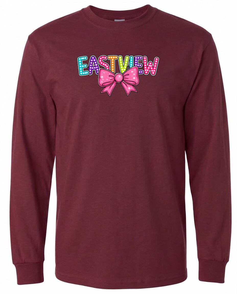 A burgundy long-sleeved t-shirt with a colorful bow and the word "EASTVIEW" printed on it.
