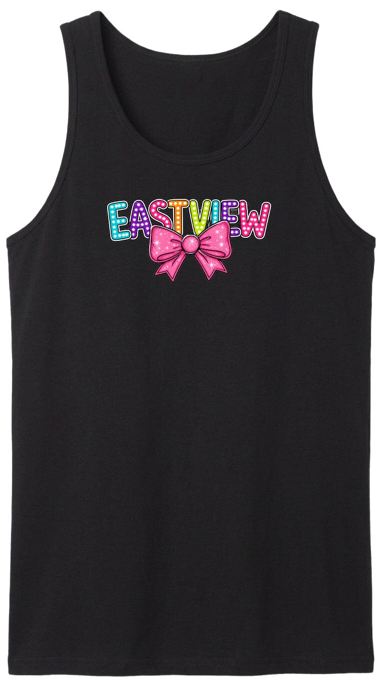 A black tank top with the word "EASTVIEW" printed on it in a colorful, stylized font.