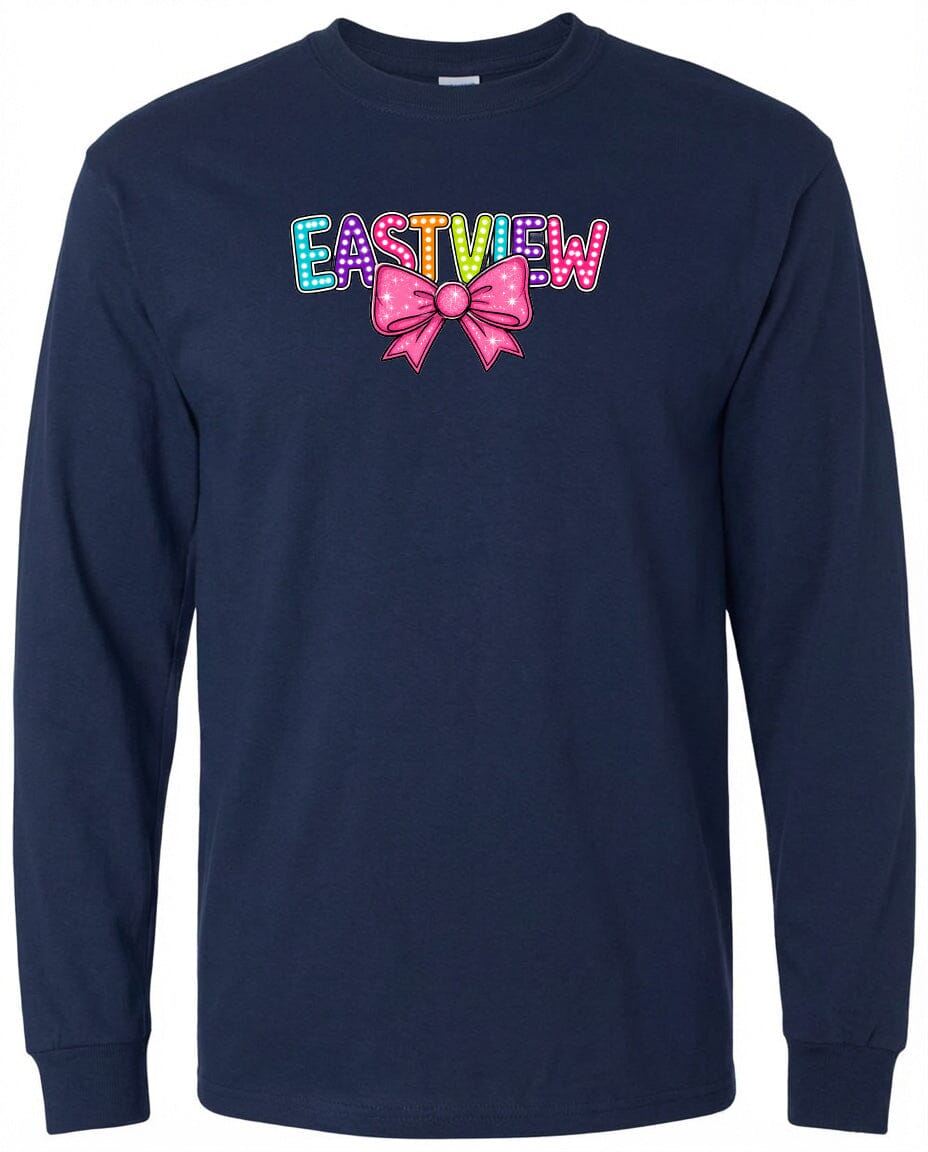 A navy blue long-sleeved shirt with a colorful bow and the word "EASTVIEW" printed on it.