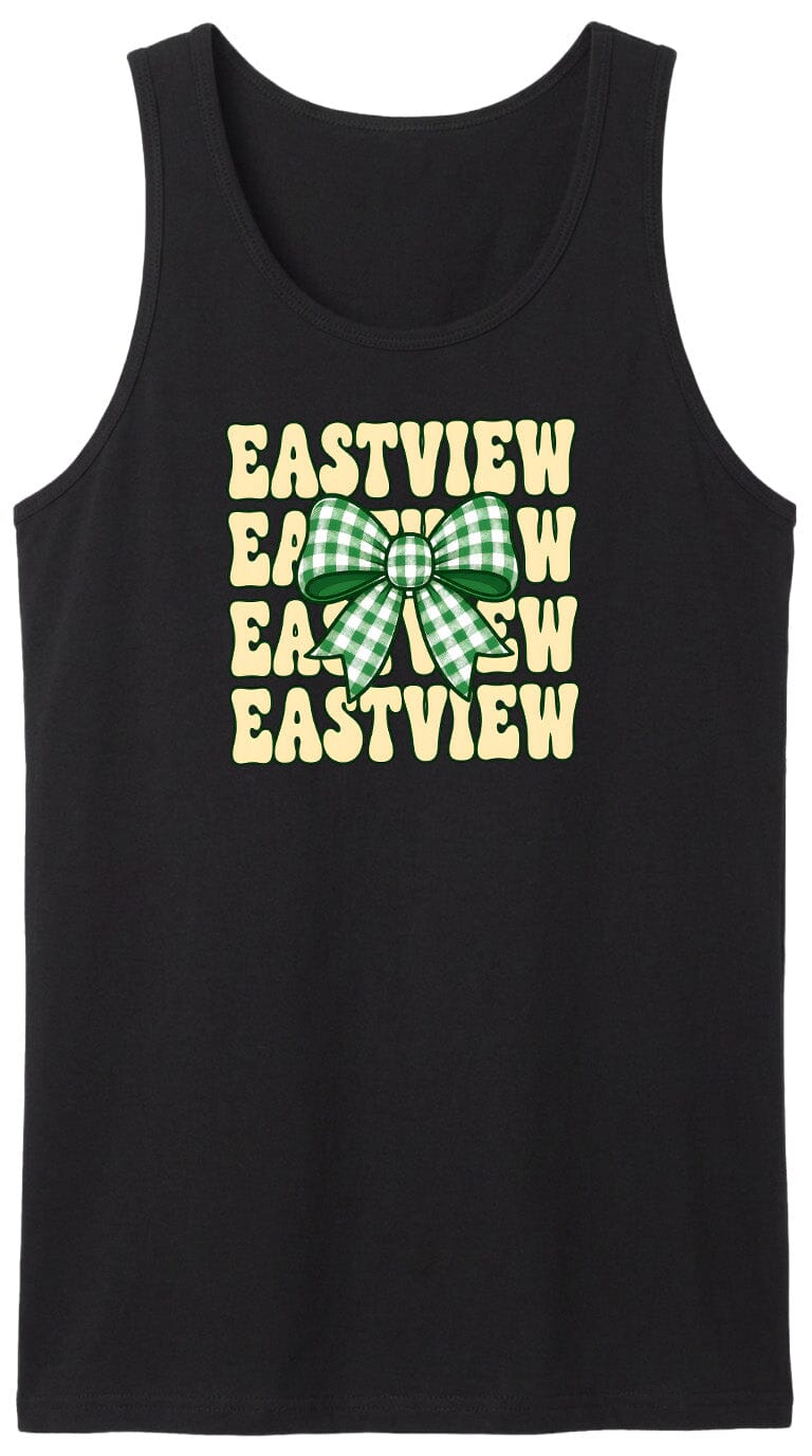 A black tank top with a graphic design featuring the text "EASTVIEW" repeated in a vertical orientation, with a green and white checkered bow in the center.