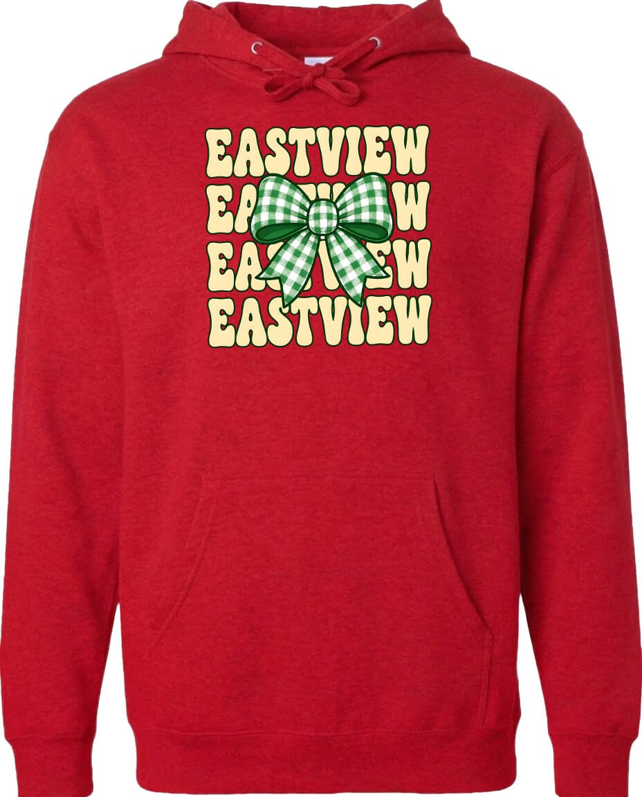 A red hoodie with a graphic design featuring a green and white bow on the front.