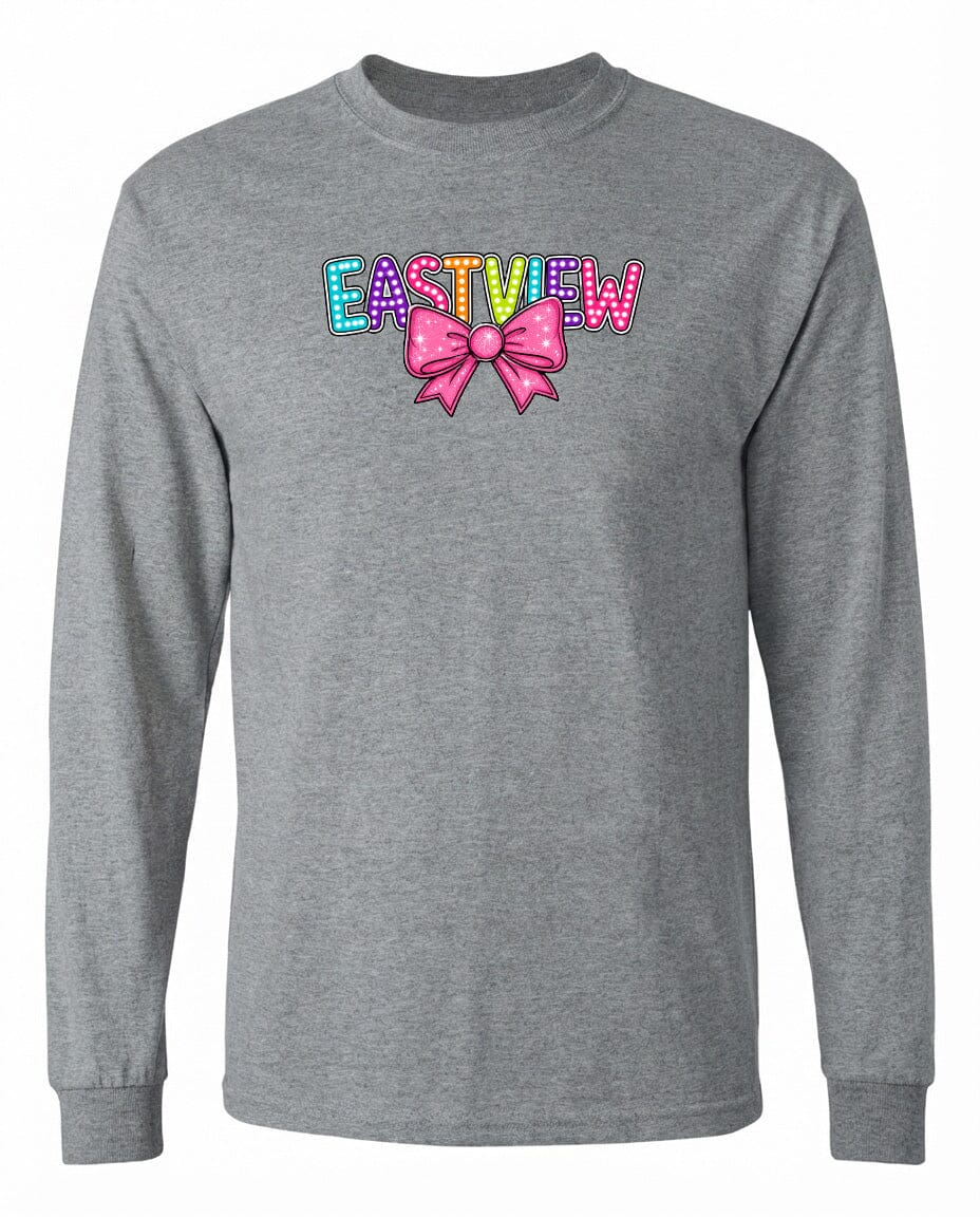 A gray long-sleeved t-shirt with a colorful bow and the word "EASTVIEW" printed on it.