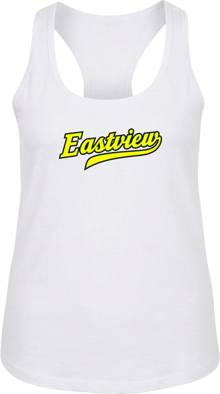 A white tank top with the text "Eastview" printed in yellow on the front.