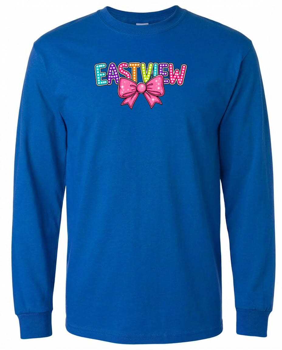 A blue long-sleeved shirt with the word 'EASTVIEW' printed on it in a colorful, stylized font.