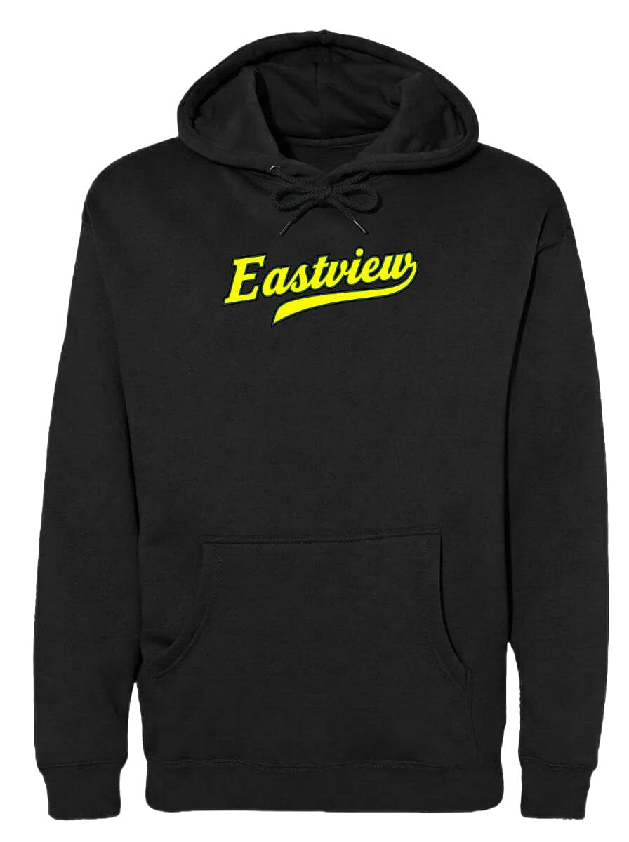 A black hoodie with the word "Eastview" printed in yellow on the front.