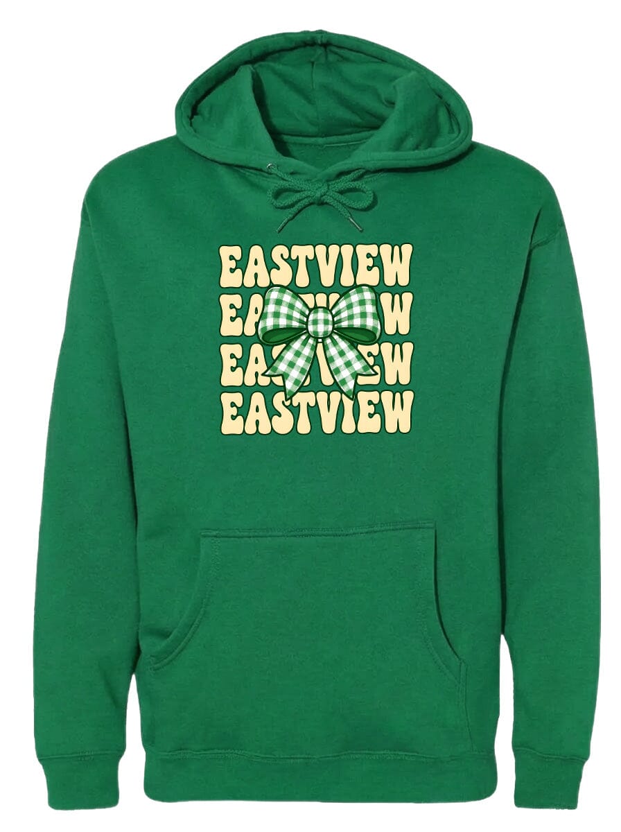 A green hoodie with a graphic design featuring a bow and the text "EASTVIEW" repeated multiple times.