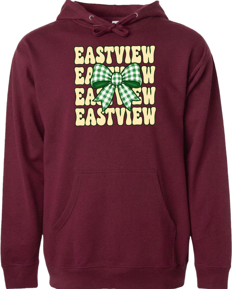 A burgundy-colored hoodie with a graphic design on the front. The design features a green and white checkered bow and the text "EASTVIEW" repeated in a vertical arrangement.