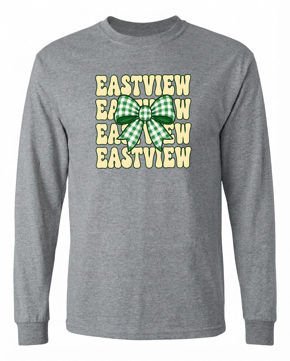 A gray long-sleeved shirt with a graphic design featuring a green and white checkered bow and the word "EASTVIEW" repeated in a vertical pattern.