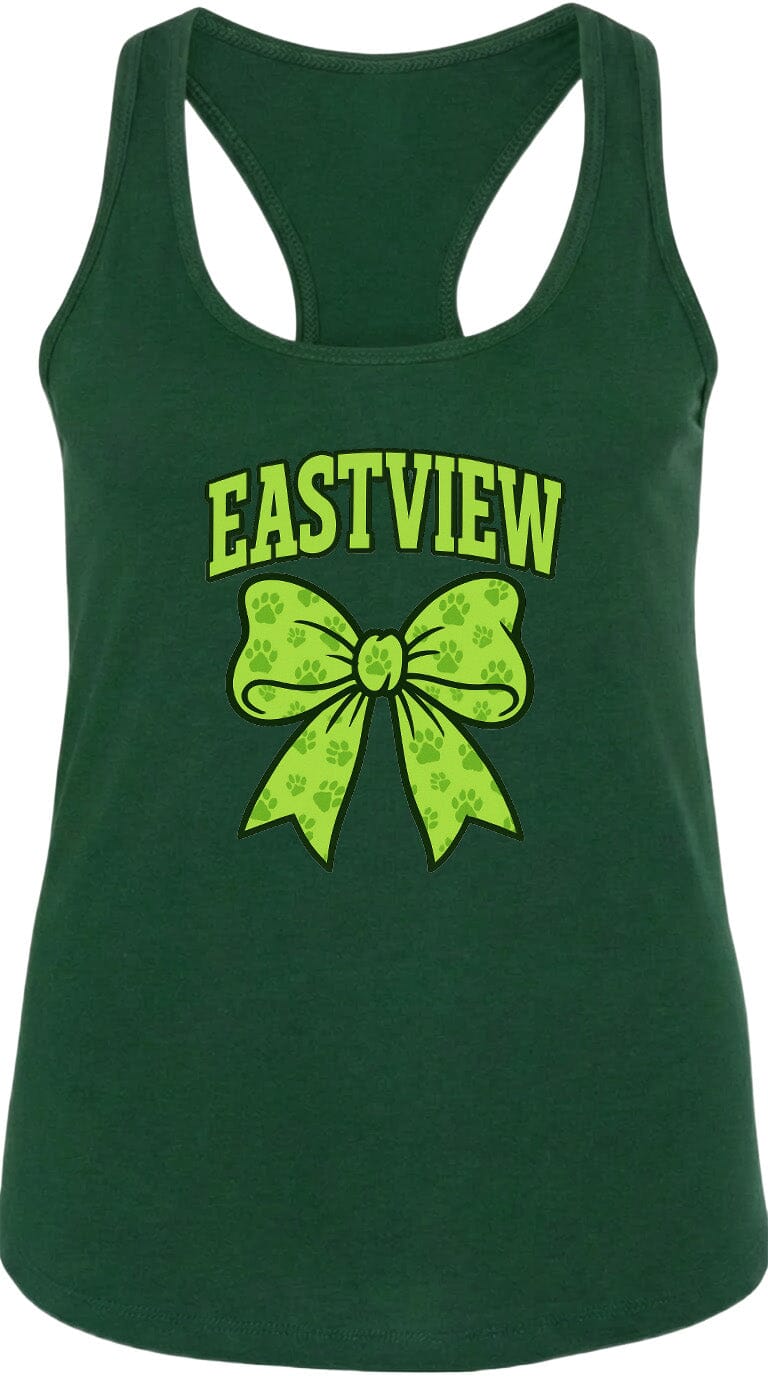 A green tank top with a bow and paw prints printed on it.