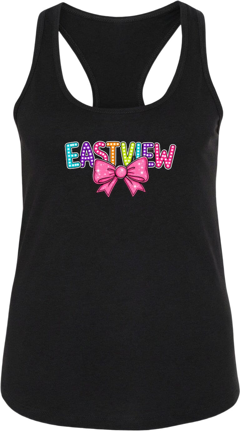 A black tank top with the word "EASTVIEW" printed in colorful letters with a pink bow.