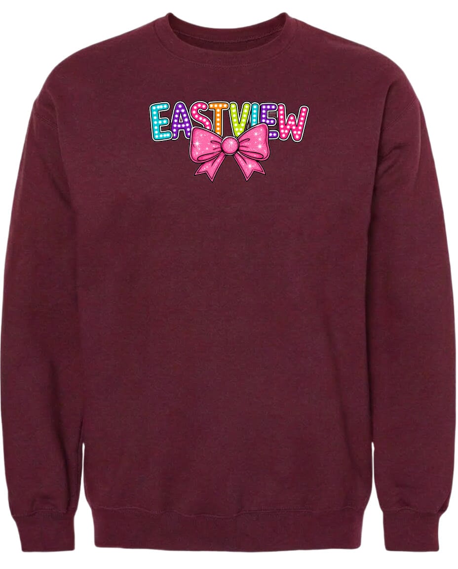 A burgundy-colored sweatshirt with the word "EASTVIEW" and a bow graphic printed on it.