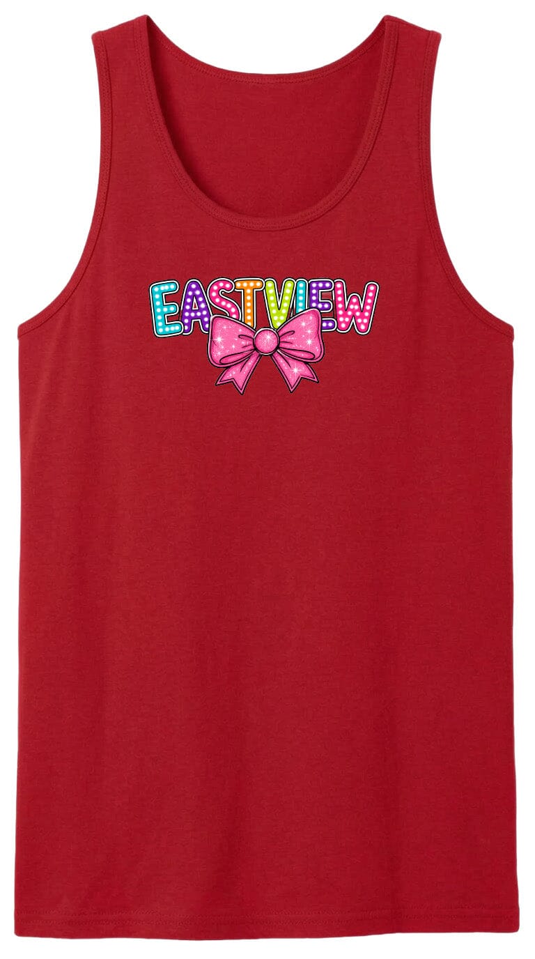 A red tank top with the word "EASTVIEW" printed on it in a colorful, stylized font.