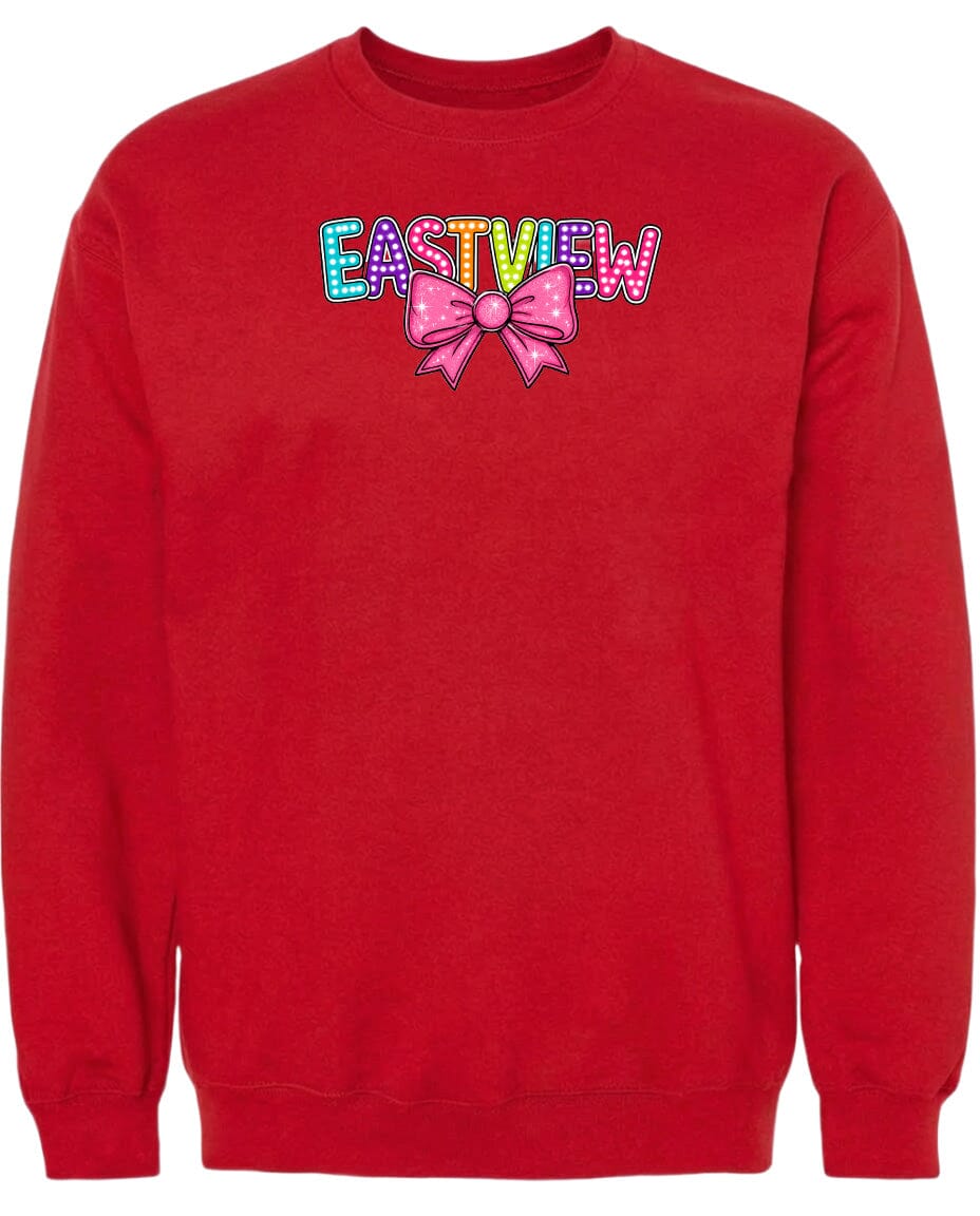 A red sweatshirt with the word "EASTVIEW" and a bow graphic printed on it.
