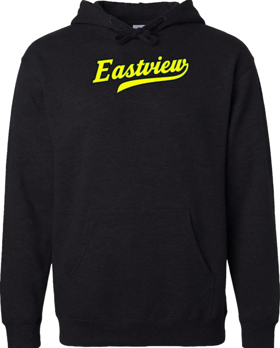 A black hoodie with the word "Eastview" printed in yellow on the front.