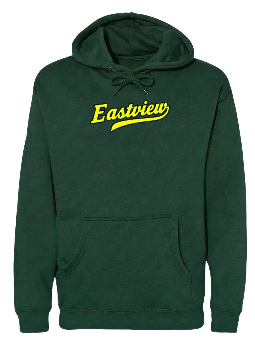 A dark green hoodie with a yellow logo on the front.