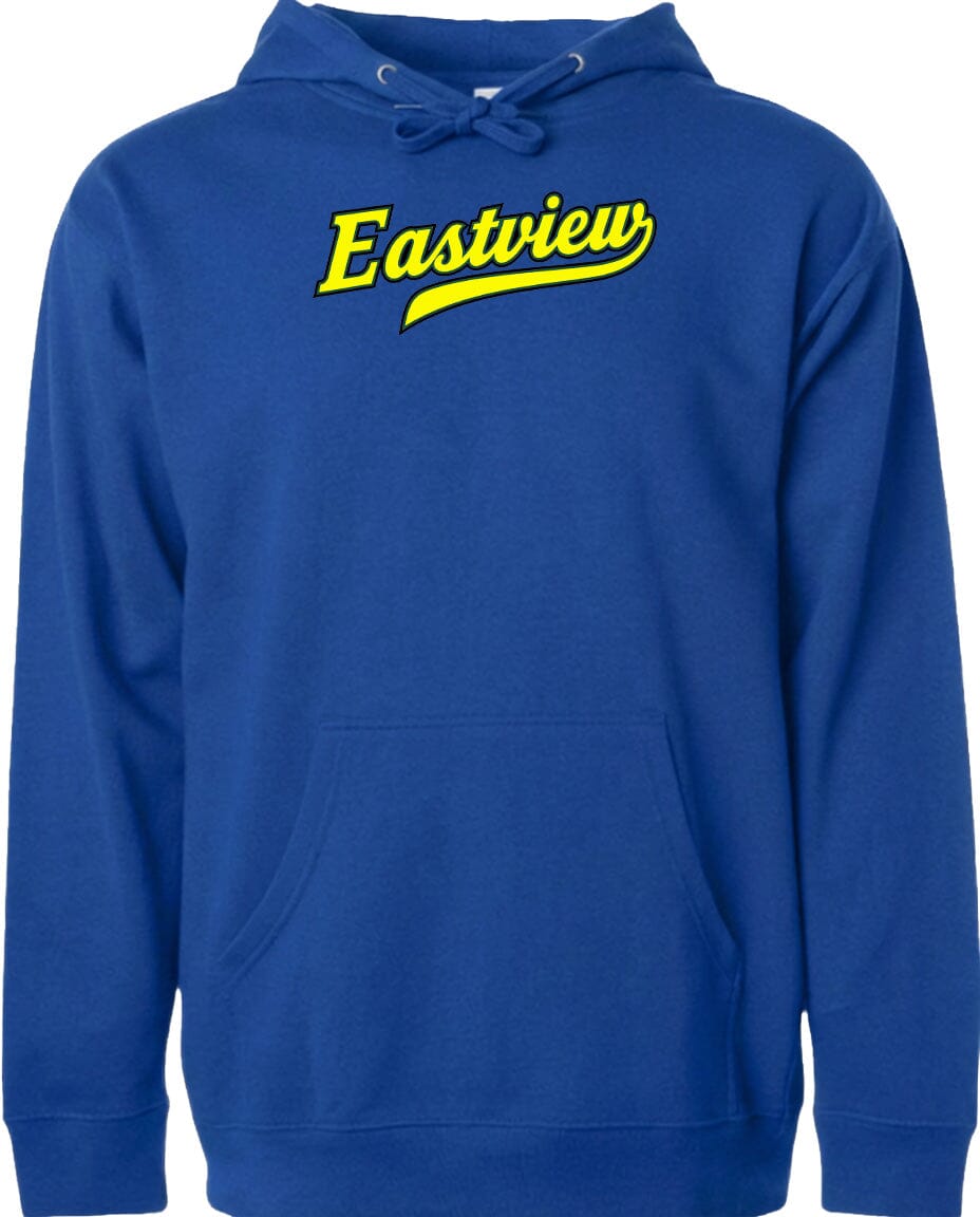 A blue hoodie with the word "Eastview" printed in yellow on the front.