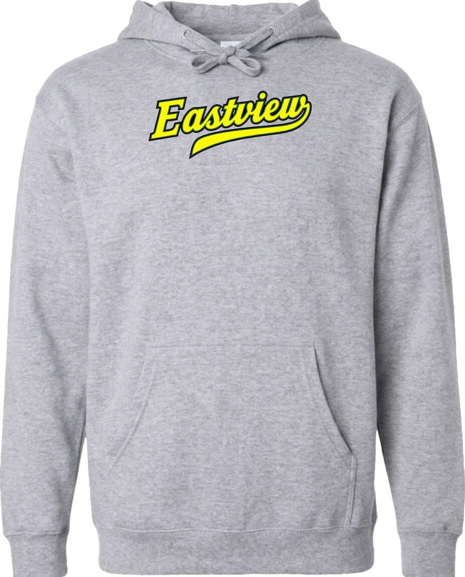 A gray hoodie with a yellow text logo on the front.