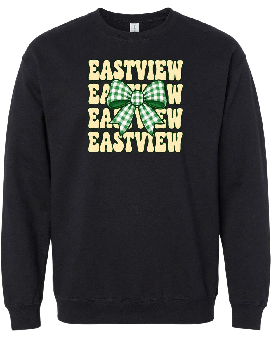A black sweatshirt with a graphic design featuring a green and white checkered bow on the front.